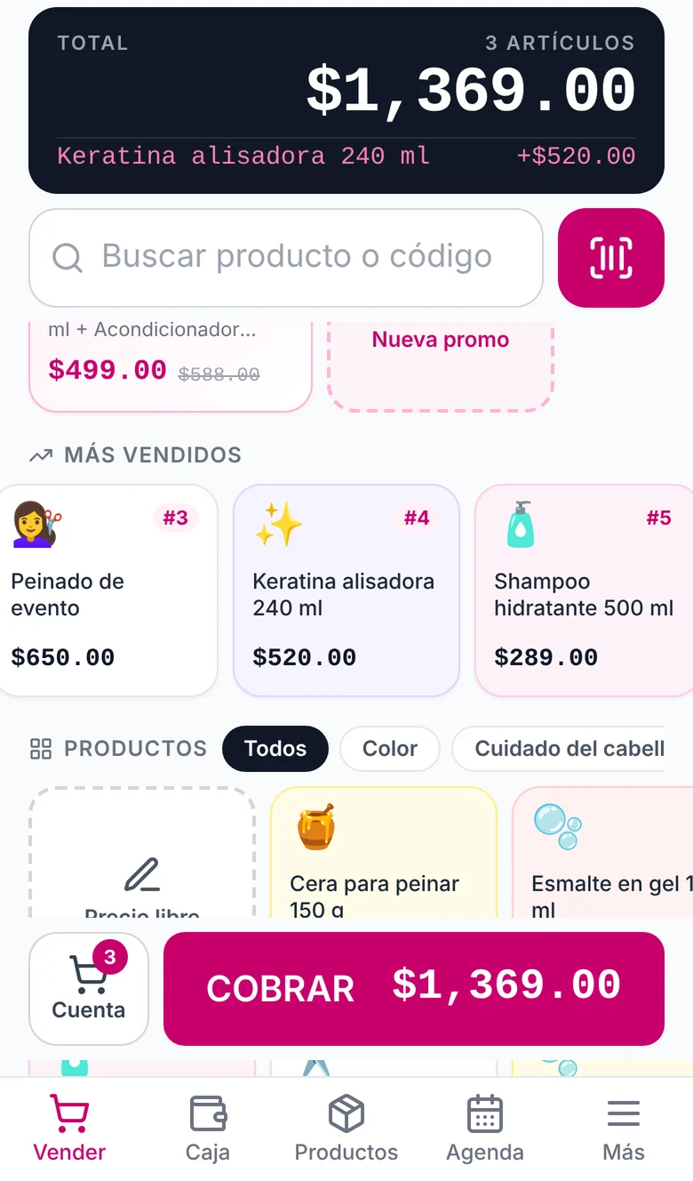Pantalla de venta de QUIUBO en una estética: servicios y productos de belleza con su precio